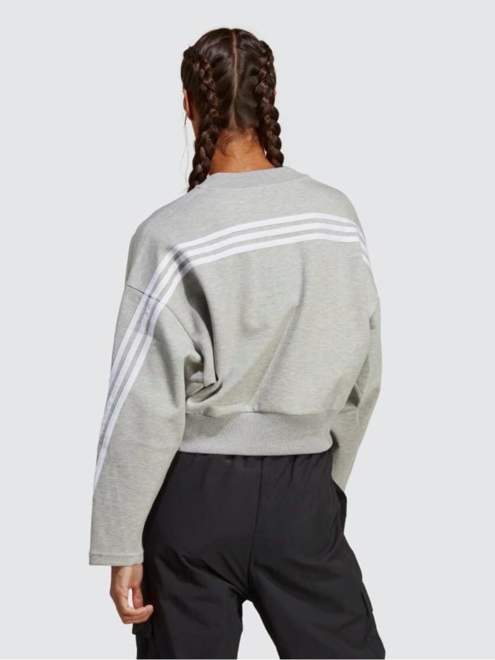 Adidas Future Icons 3-Stripes Cropped Sweatshirt Gray White Logo  L - Picture 3 of 10